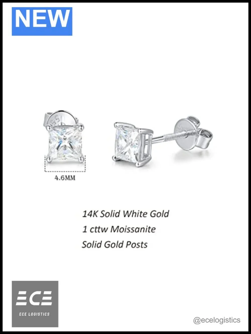 14k Solid White Gold Moissanite Stud Earrings 1.02cttw VVS Screw Back